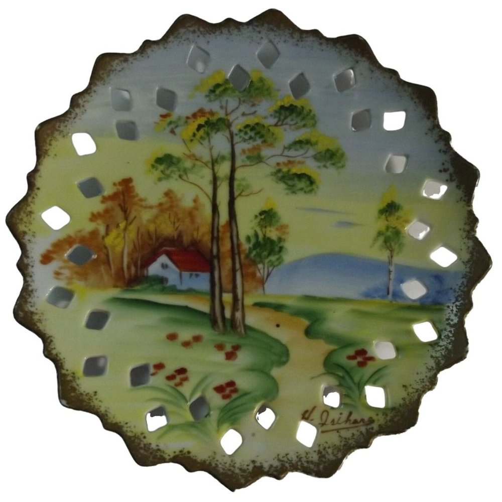 Vintage Norleans Hand Painted Pierced Wall Plate 7-1/4" Artist Signed house tree